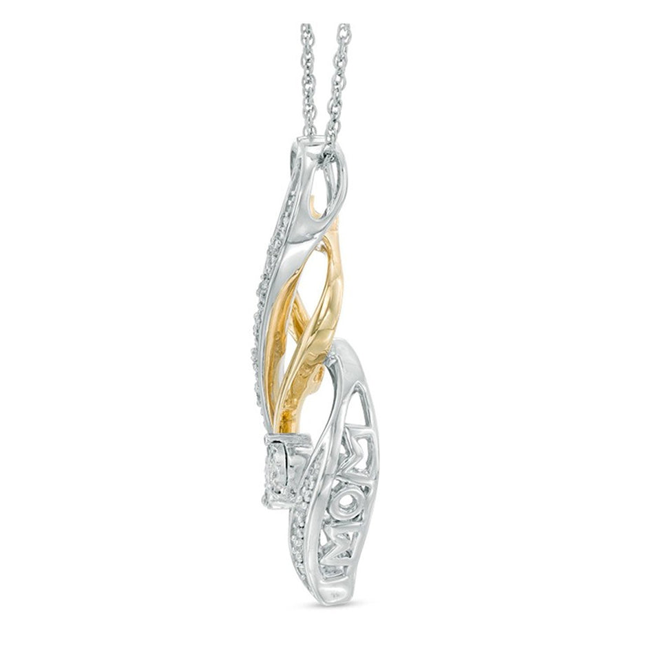 Caperci Sterling Silver and Gold Plated 1ct Cubic Zirconia Diamond Accent "MOM" Flame Twist Pendant Necklace for Women