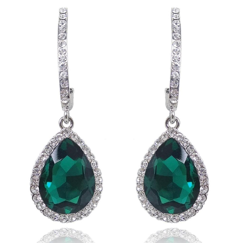 EVER FAITH Women's Austrian Crystal Wedding Elegant Teardrop Dangle Earrings Green Silver-Tone