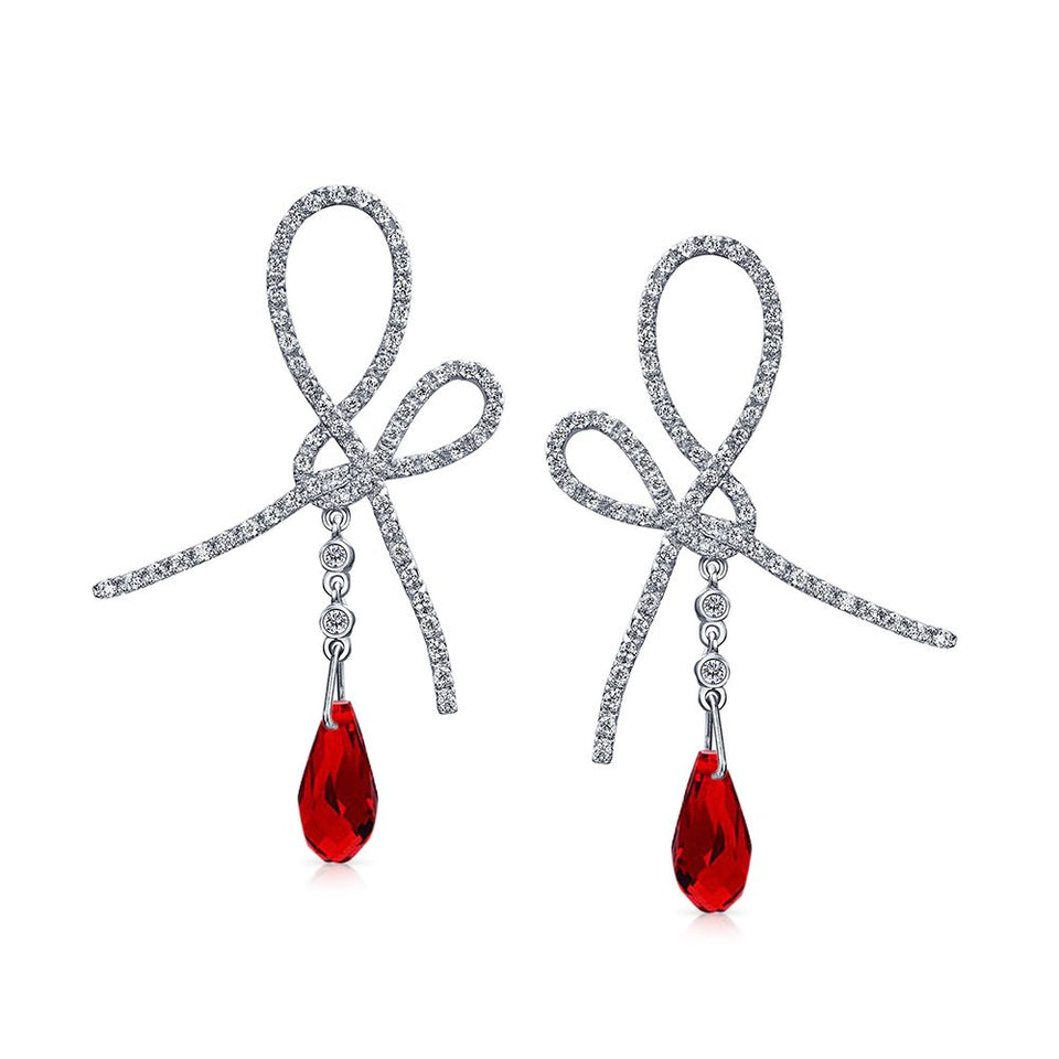 Red Ribbon Bow Drop Earrings For Women Briolette Faceted Teardrop Pear Shaped Cubic Zirconia CZ Silver Plated Brass