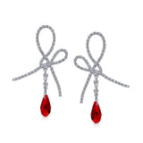 Red Ribbon Bow Drop Earrings For Women Briolette Faceted Teardrop Pear Shaped Cubic Zirconia CZ Silver Plated Brass