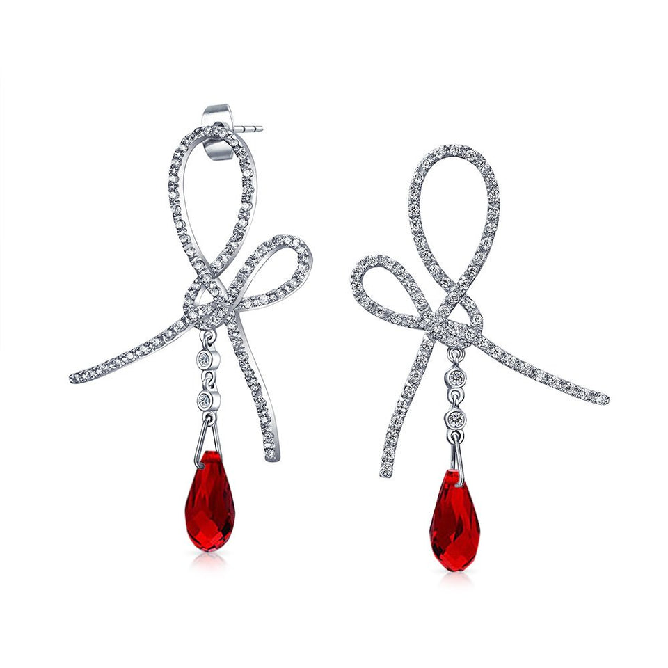 Red Ribbon Bow Drop Earrings For Women Briolette Faceted Teardrop Pear Shaped Cubic Zirconia CZ Silver Plated Brass