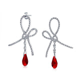 Red Ribbon Bow Drop Earrings For Women Briolette Faceted Teardrop Pear Shaped Cubic Zirconia CZ Silver Plated Brass