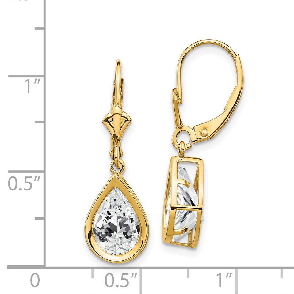 14K Yellow Gold 10x7mm Pear Cubic Zirconia Leverback Dangle Earrings