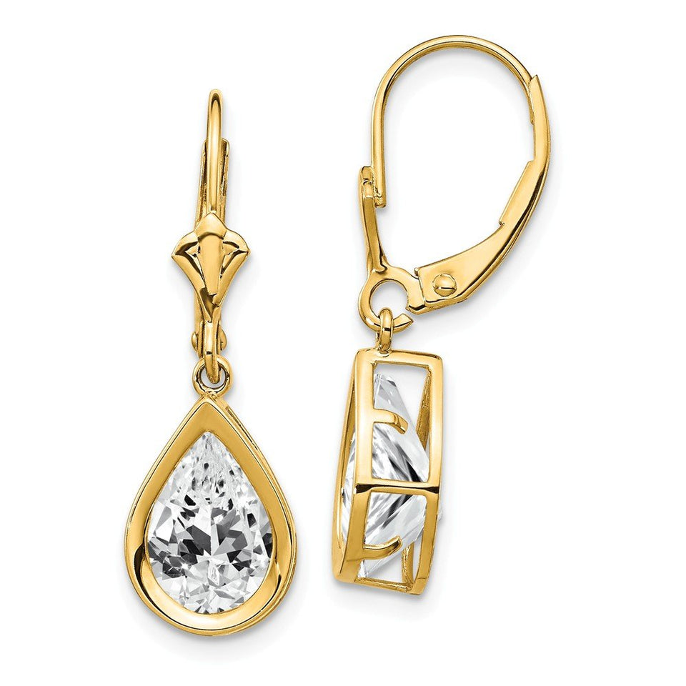 14K Yellow Gold 10x7mm Pear Cubic Zirconia Leverback Dangle Earrings
