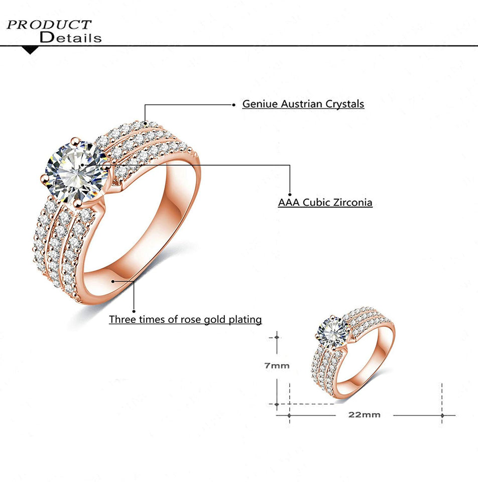 AMdxd Jewelry Gold Plated Women's Engagement Rings Big Round CZ with 3 Rows Crystal 7MM Width