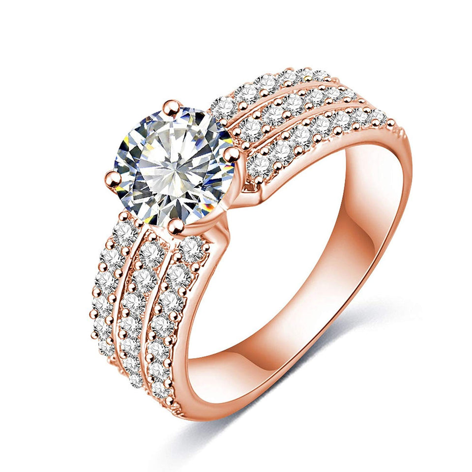 AMdxd Jewelry Gold Plated Women's Engagement Rings Big Round CZ with 3 Rows Crystal 7MM Width