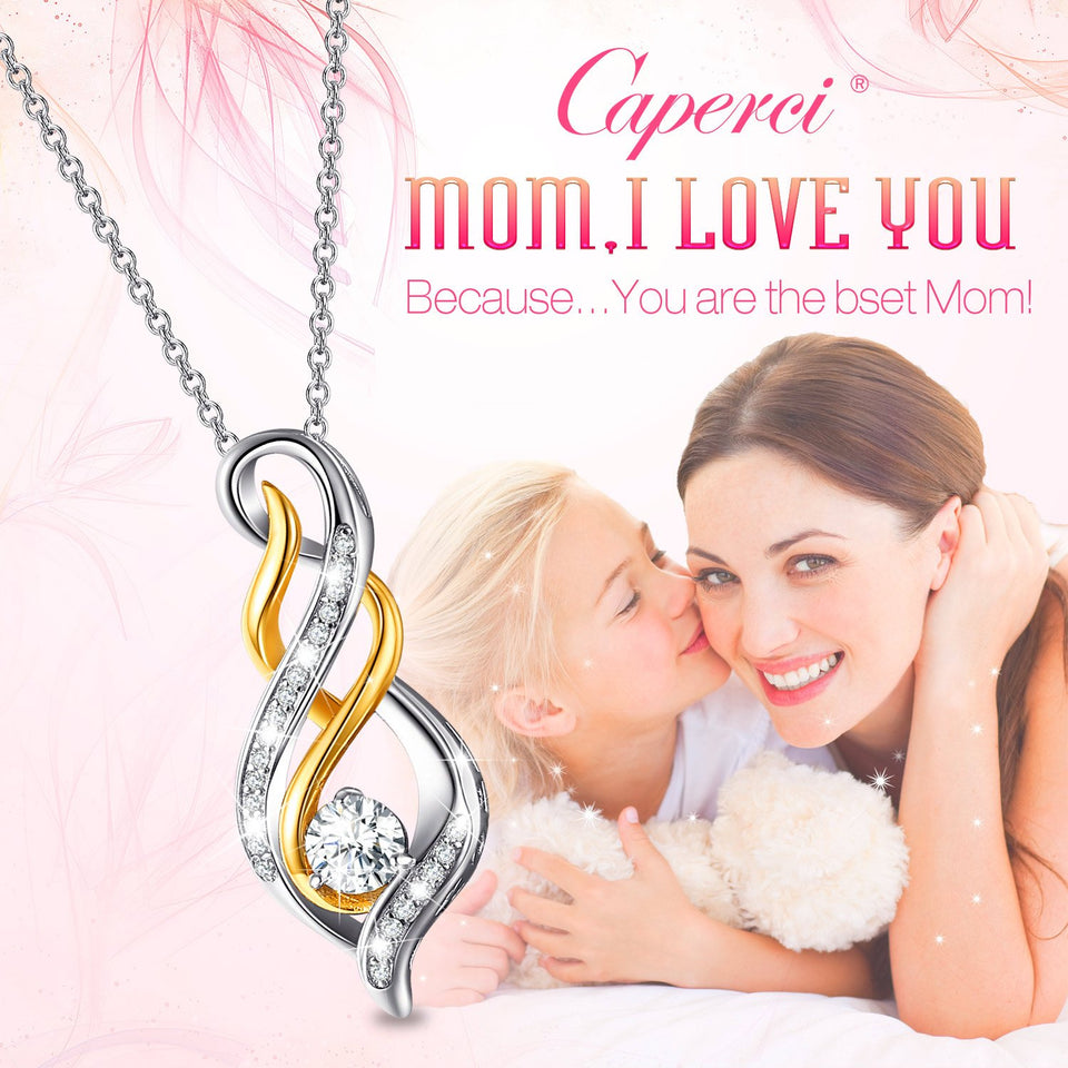 Caperci Sterling Silver and Gold Plated 1ct Cubic Zirconia Diamond Accent "MOM" Flame Twist Pendant Necklace for Women